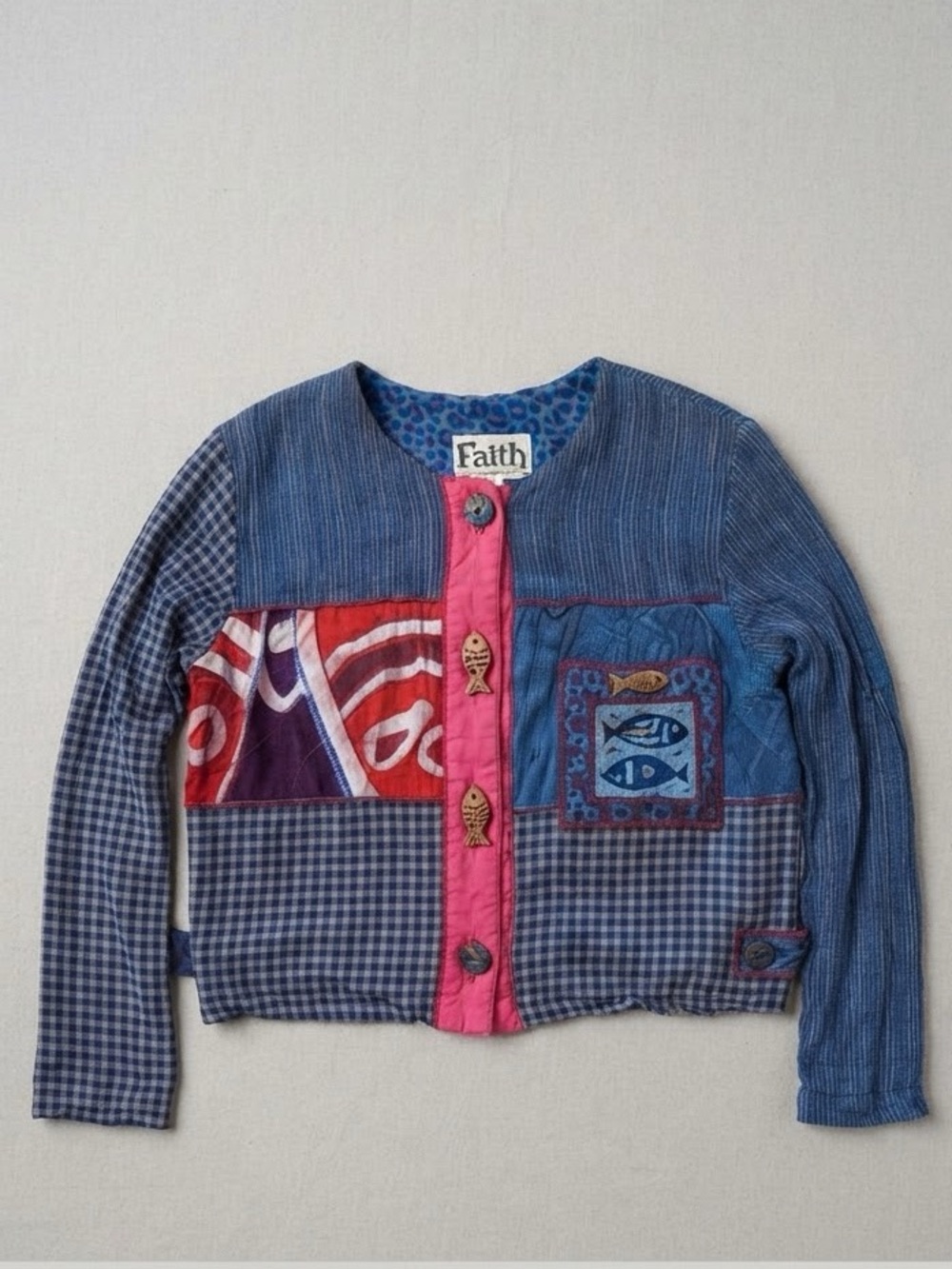 Faith Vintage Patchwork Button Up Top Jacket Blue Red Fish Buttons Size S